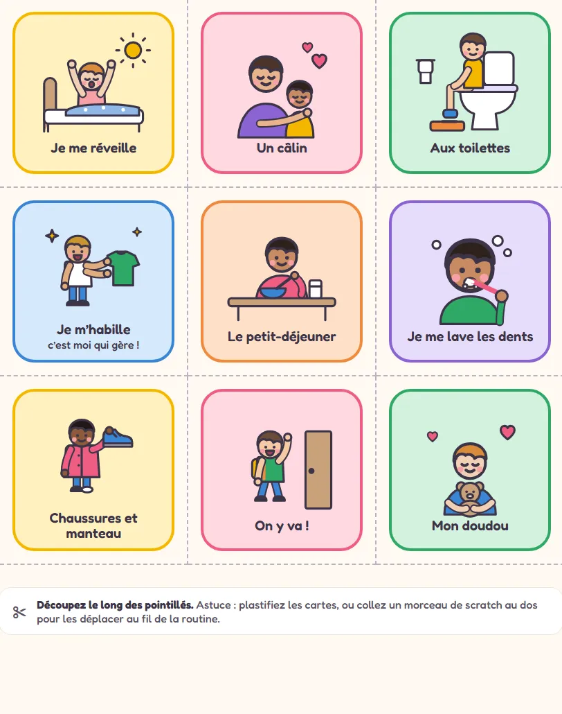 Aperçu des cartes du kit : des enfants qui se réveillent, se brossent les dents, s’habillent