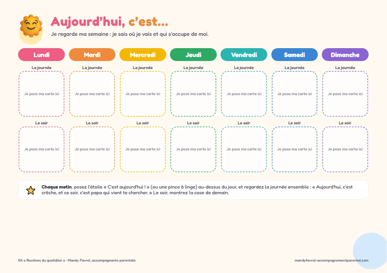 Le planning de la semaine, avec une case pour la journée et une pour le soir