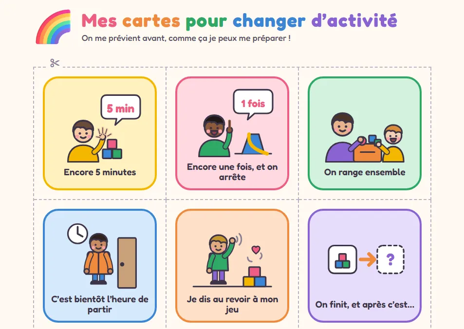 Les cartes de transition : encore 5 minutes, on range ensemble, c’est bientôt l’heure de partir
